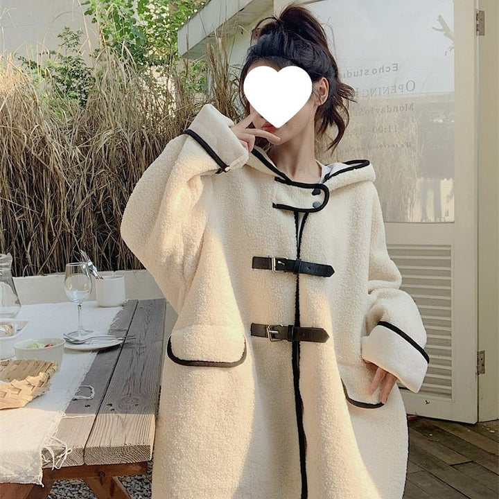 Lammfleece-Imitat Mantel mit Kapuze, mittellang
