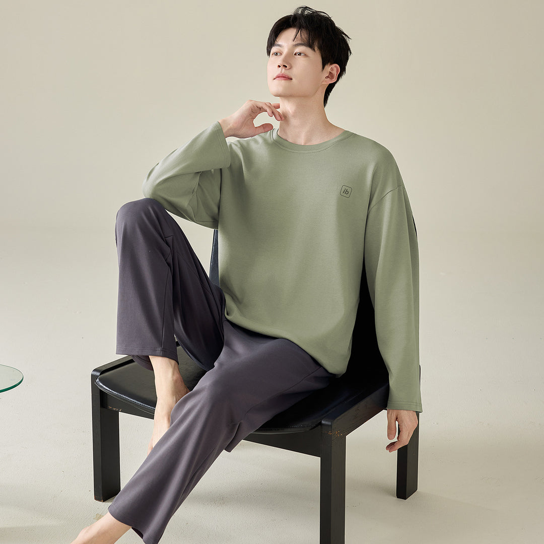 Herren-Pyjama-Set, 100% Baumwolle, Langarm, modern