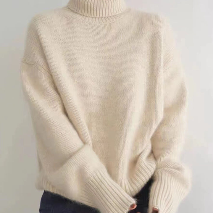Damen-Wollpullover, hoher Kragen, lockere Passform