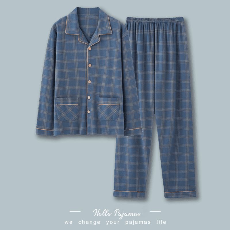 Herren-Pyjama-Set, Baumwolle, Langarm, kariert