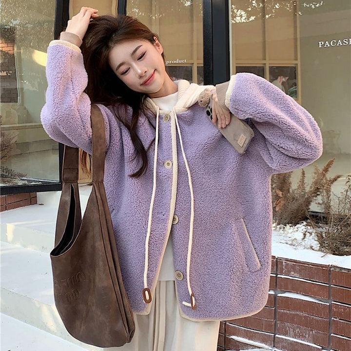 Lammfleece-Kapuzenjacke für Damen, lässiger Stil