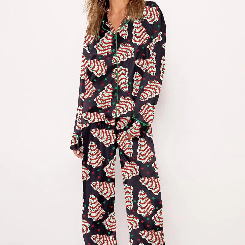 Damen- und Kinder-Schlafanzug-Set mit Weihnachtsbaum-Print