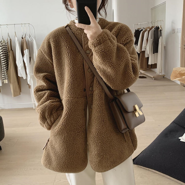 Lammfleece-Mantel, Stehkragen, mit Bindegürtel