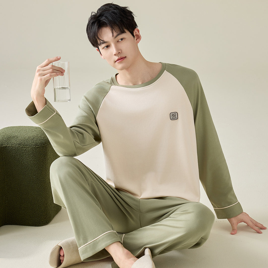 Herren-Pyjama-Set, 100% Baumwolle, Langarm, modern