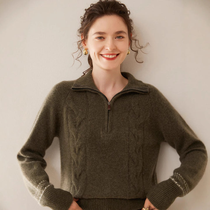 Damen-Kaschmirpullover mit Stehkragen und Reißverschluss