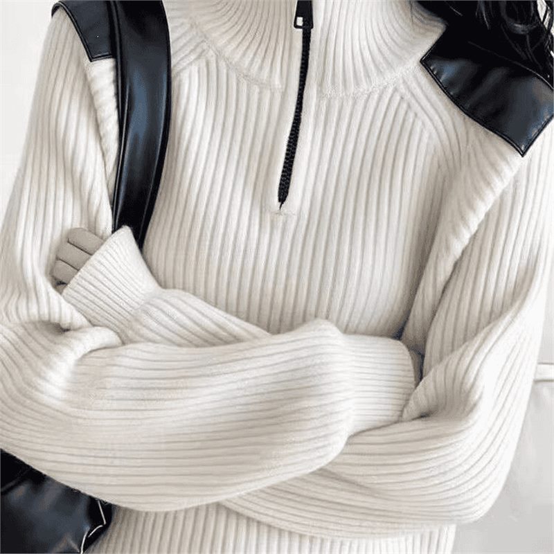 Damen-Strickpullover mit Reißverschluss und Stehkragen