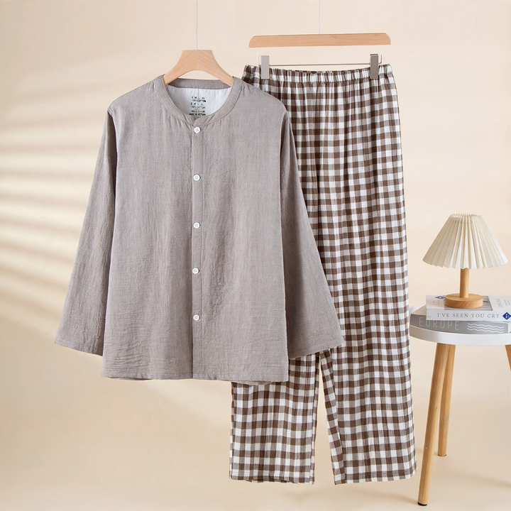 Herren-Schlafanzug aus Baumwollgaze, schlichtes Design
