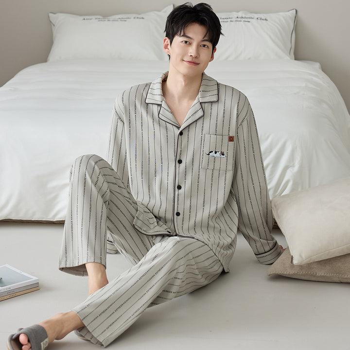 Herren-Pyjama-Set, Baumwolle, gestreift/kariert, Langarm