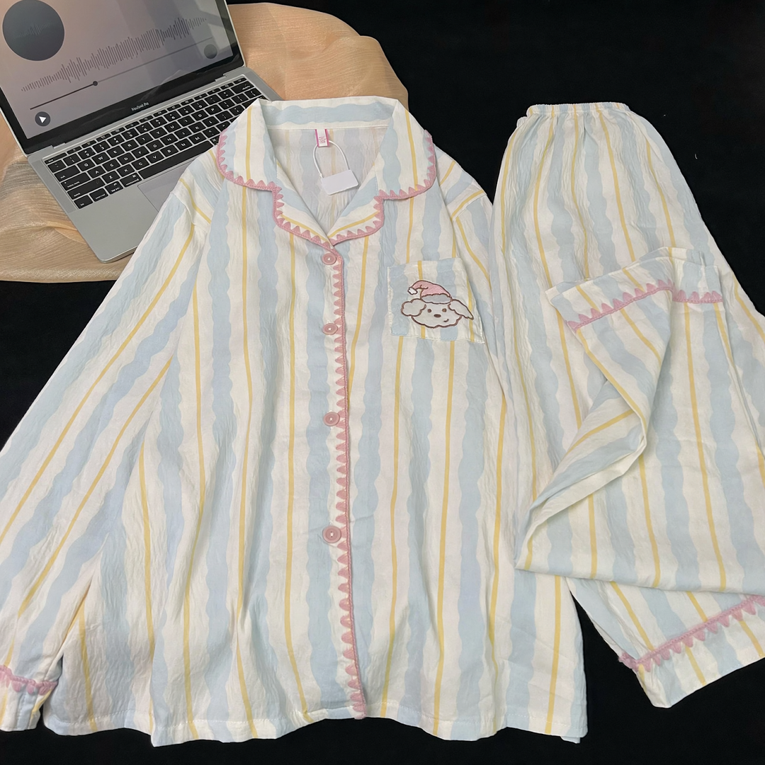 Damen-Pyjama-Set, Baumwolle, Reverskragen, Langarm