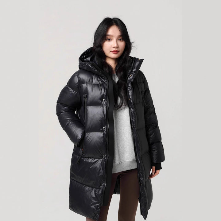 Mittellange Daunenjacke für Damen, gefüttert mit weißer Entendaune