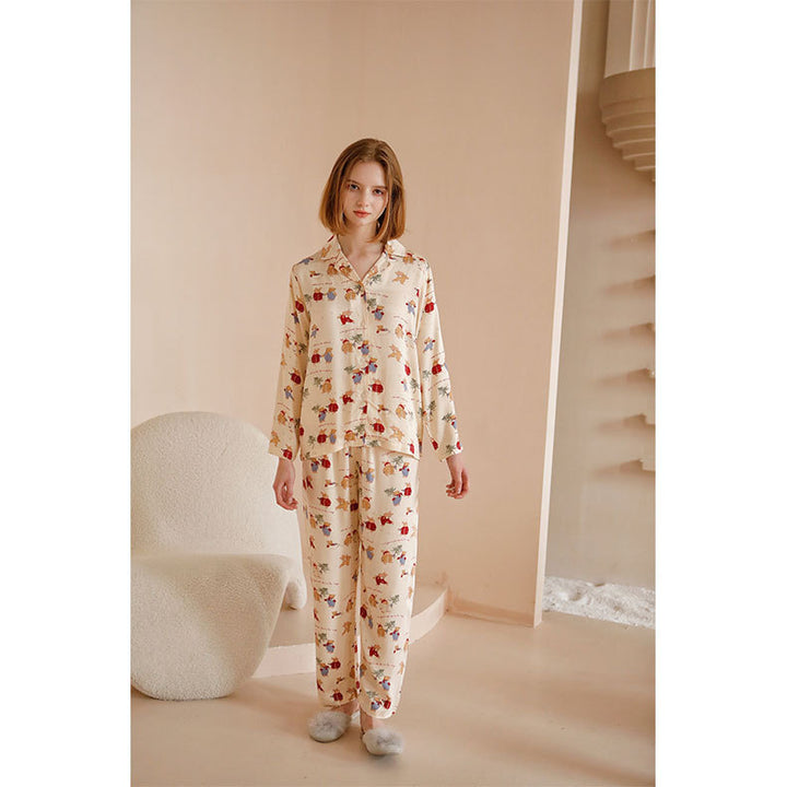 Damen-Pyjama-Set, Satin-Optik, Weihnachtshasen-Druck