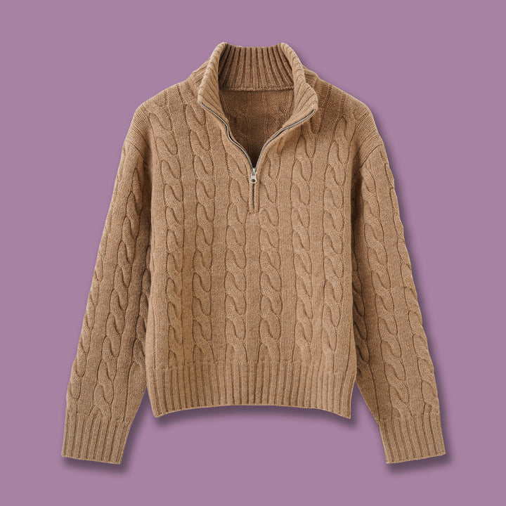 Zopfmuster-Strickpullover mit Reißverschluss und Stickerei