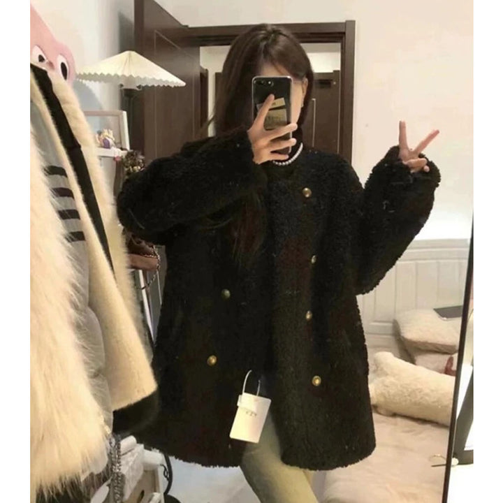 Gefütterte Lammfleece-Jacke für Damen, zweireihig
