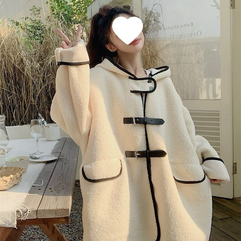 Lammfleece-Imitat Mantel mit Kapuze, mittellang