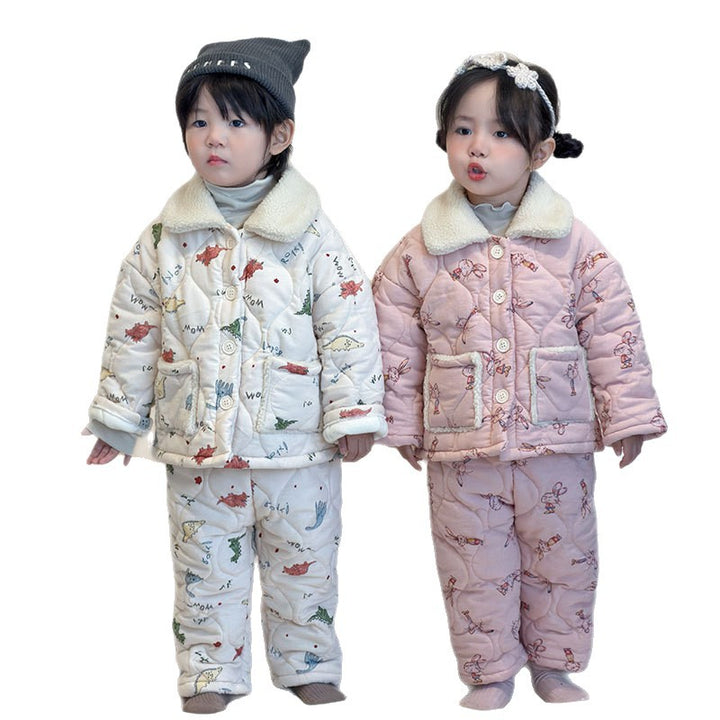 Gefüttertes Kinder-Pyjama-Set, 3-lagig, warm für den Winter