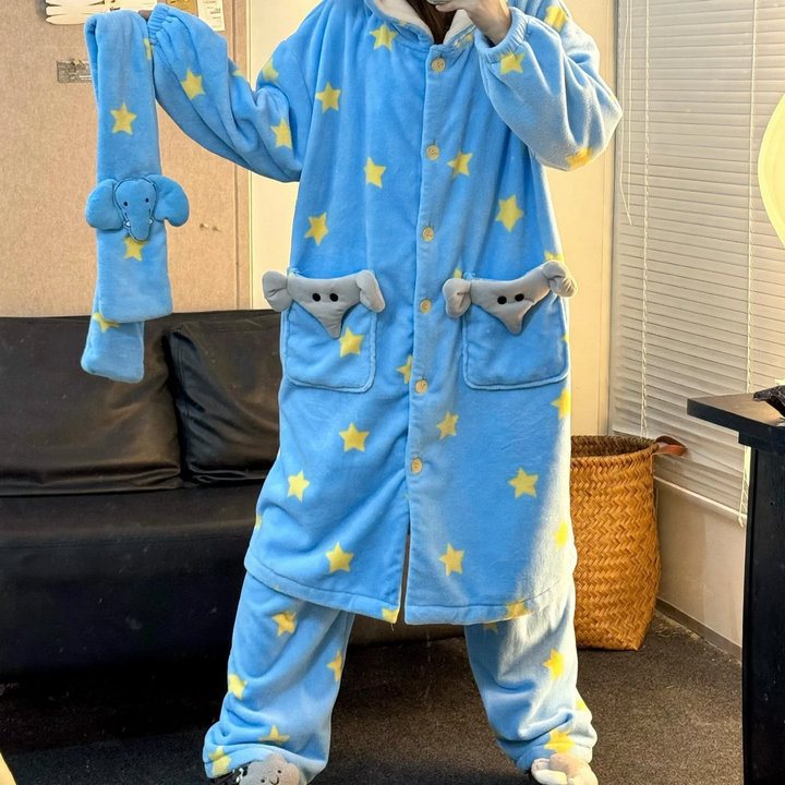 Damen-Pyjama-Set, Flanell, warm, Elefanten-Design