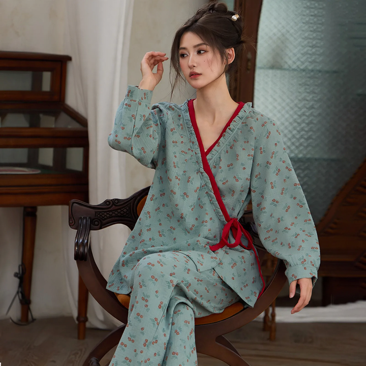 Damen-Pyjama-Set im Kimono-Stil mit Blumenmuster