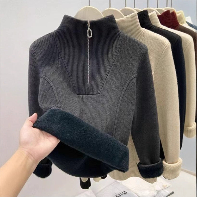 Gefütterter Damen-Strickpullover mit Reißverschluss