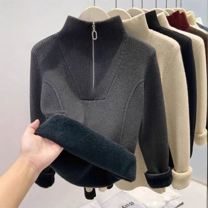 Gefütterter Damen-Strickpullover mit Reißverschluss