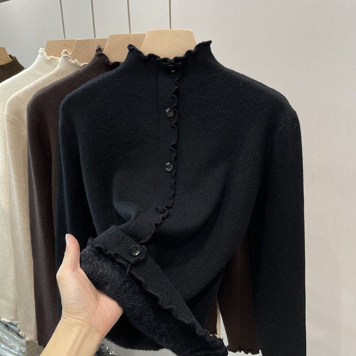 Damen-Pullover mit Stehkragen und Wellensaum