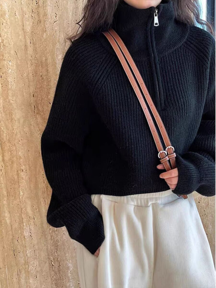 Amerikanischer Retro-Strickpullover mit halbem Reißverschluss