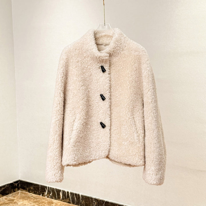Damen-Lammfellimitat-Jacke mit Stehkragen