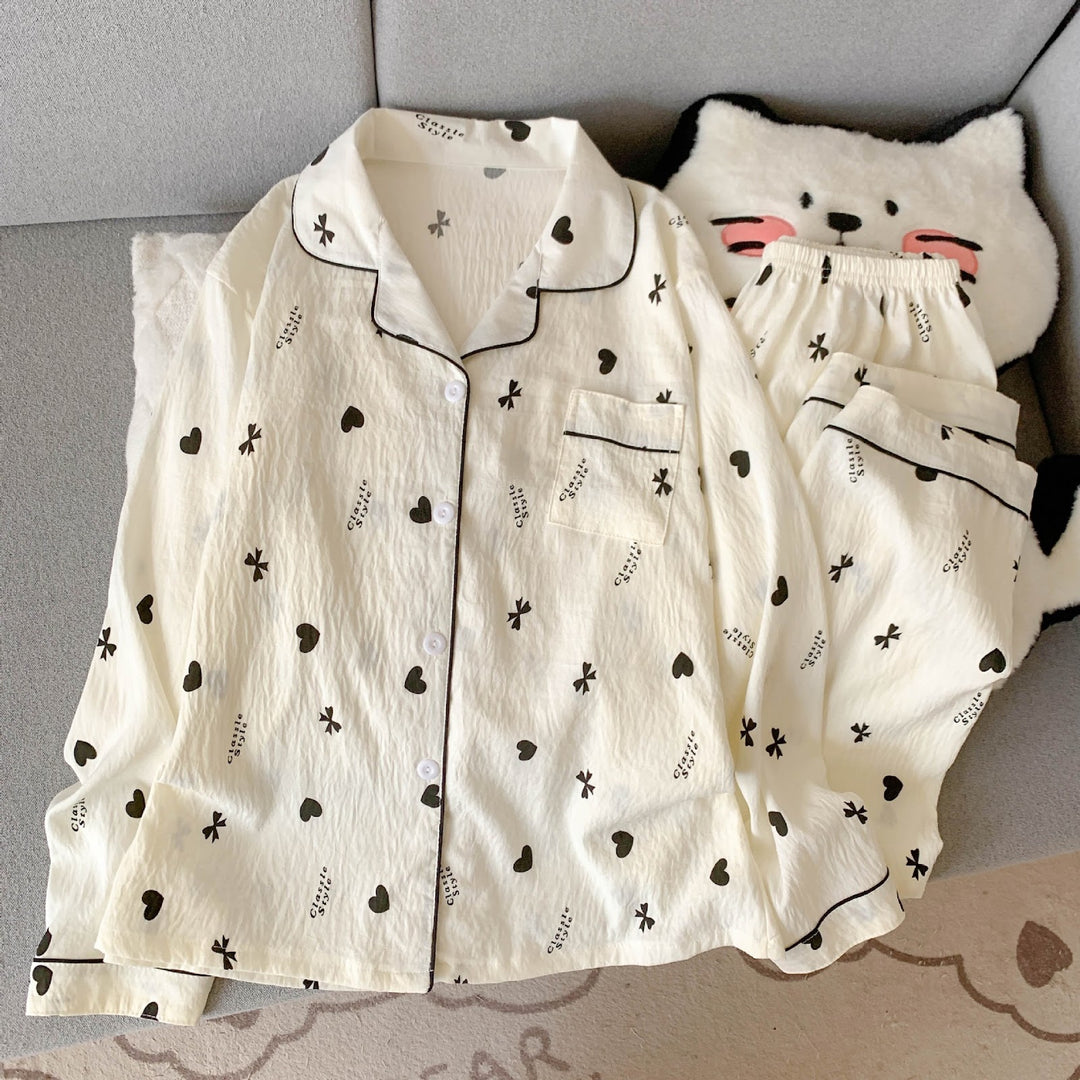 Damen-Pyjama-Set, langärmelig, mit Knopfleiste, Cartoon-Stil