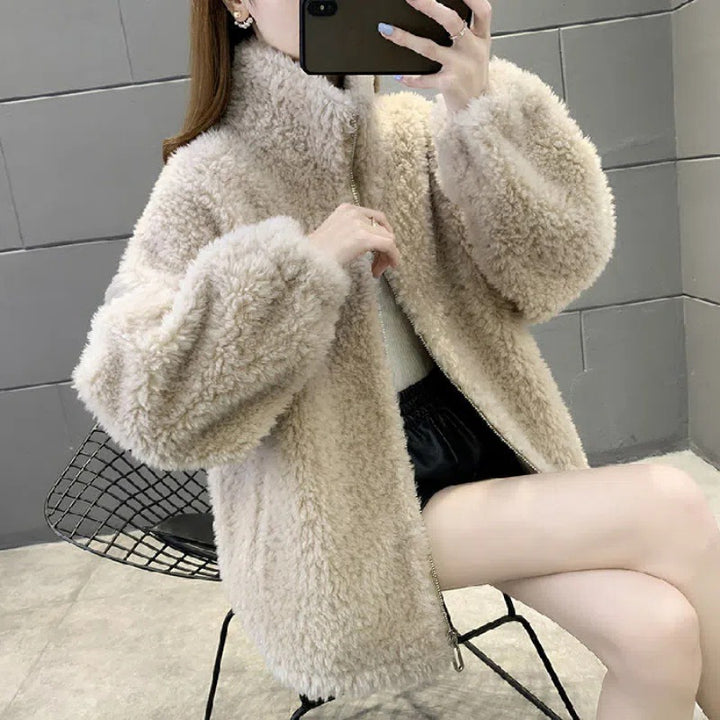 Unisex-Lammfell-Jacke, wattiert, mit Stehkragen