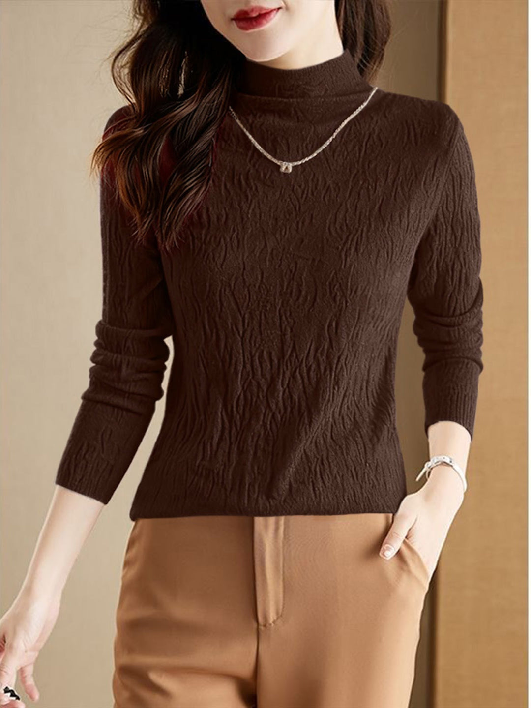 Damen-Wollpullover mit Stehkragen, strukturiert