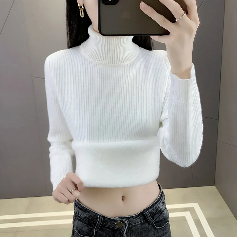 Gerippter Damen-Rollkragenpullover, gefüttert