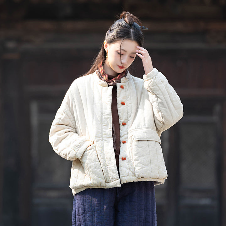 Damen-Steppjacke, Baumwoll-Leinen, Vintage-Stil, Stehkragen