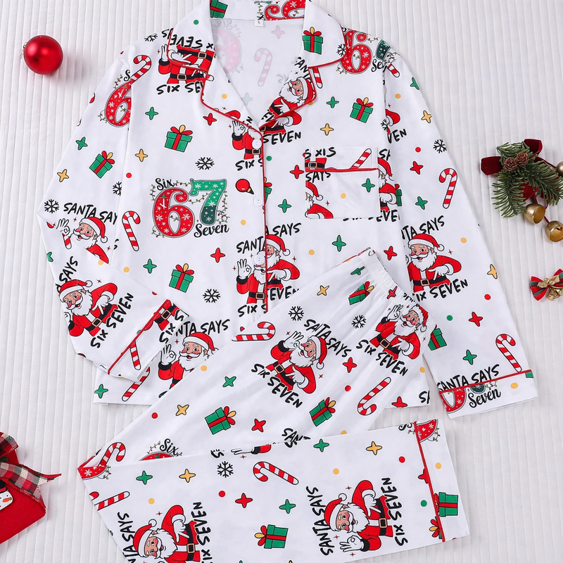 Damen-Pyjama-Set, Langarm, Weihnachtsmotiv, Reverskragen