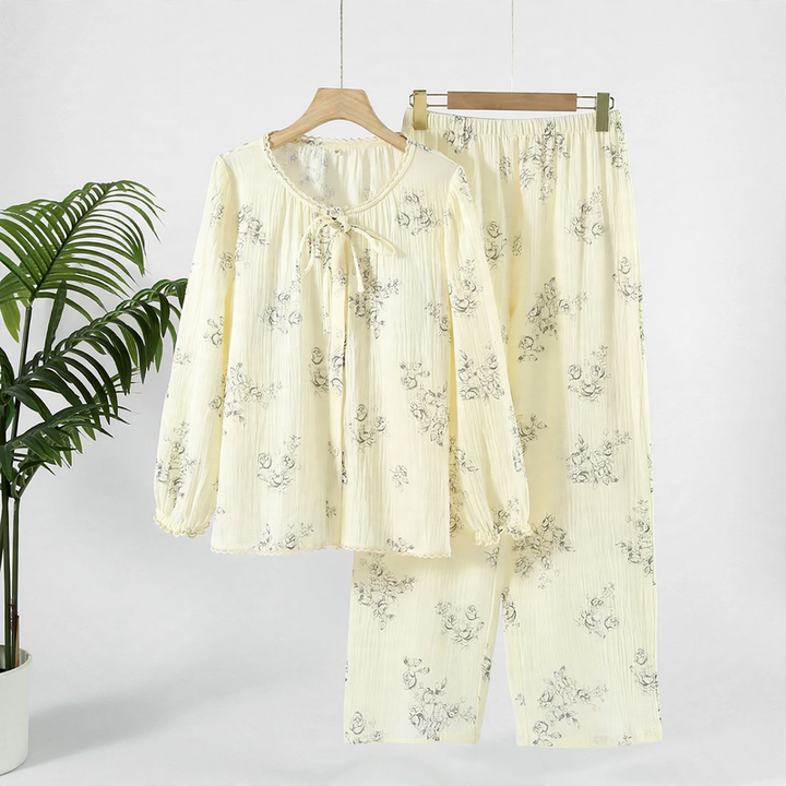 Damen-Pyjama aus Baumwoll-Krepp mit integrierten Brustpolstern