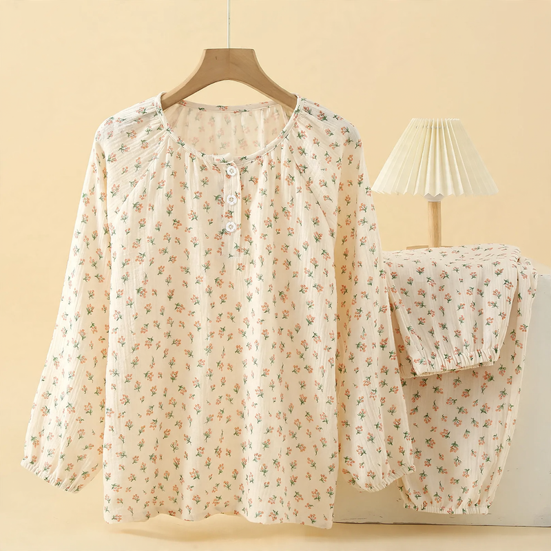Damen-Pyjama-Set, 100% Baumwolle, langärmelig, süßes Design