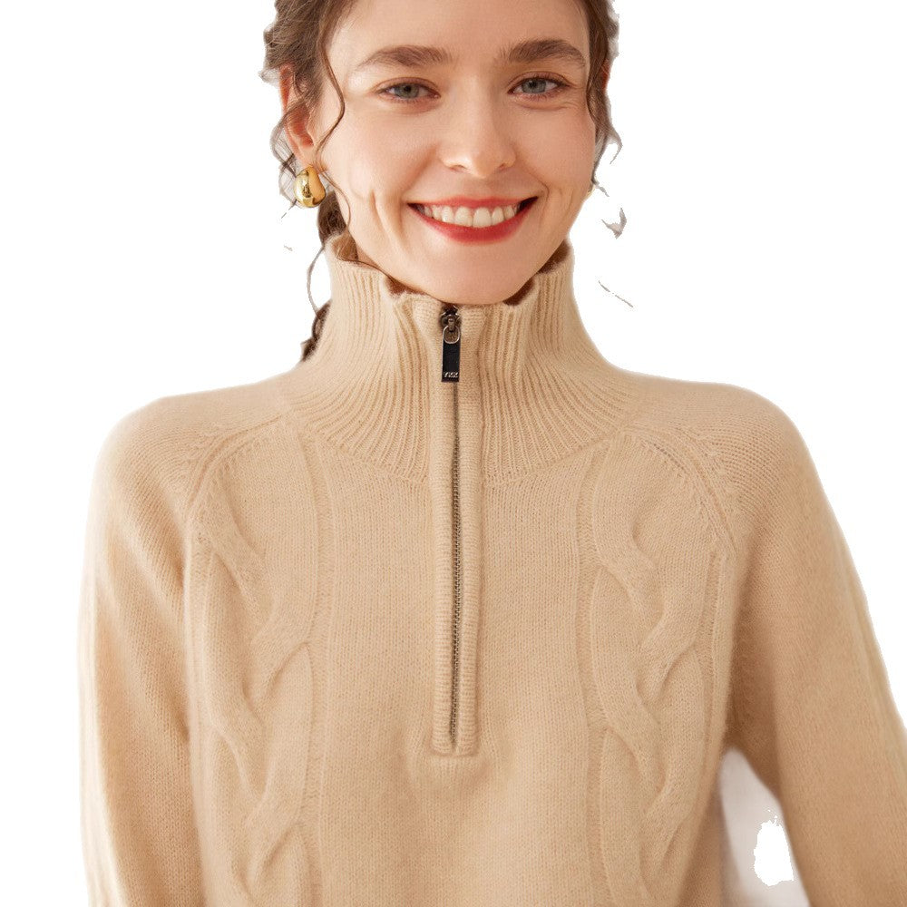 Damen-Kaschmirpullover mit Stehkragen und Reißverschluss