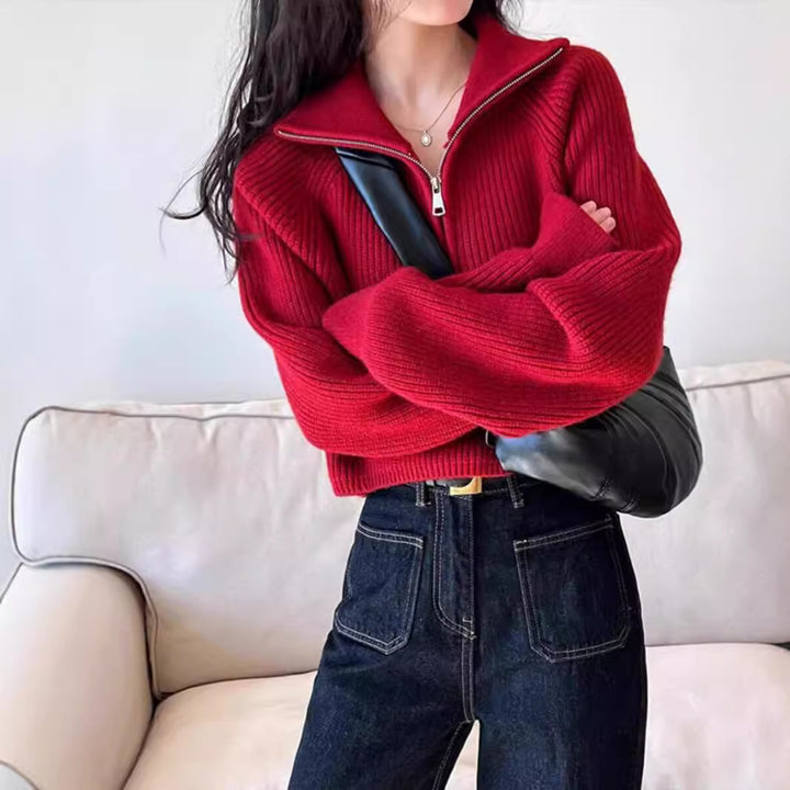 Amerikanischer Retro-Strickpullover mit halbem Reißverschluss
