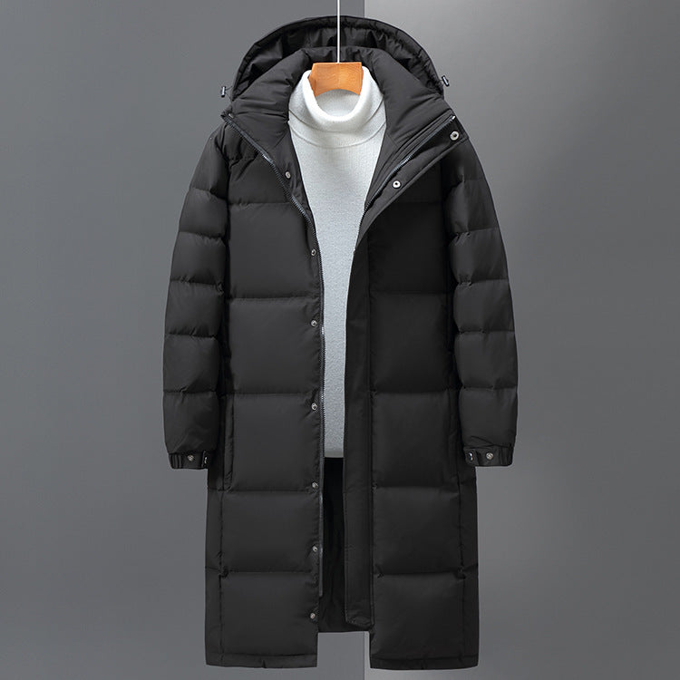 Lange, gefütterte Herren-Daunenjacke mit Kapuze