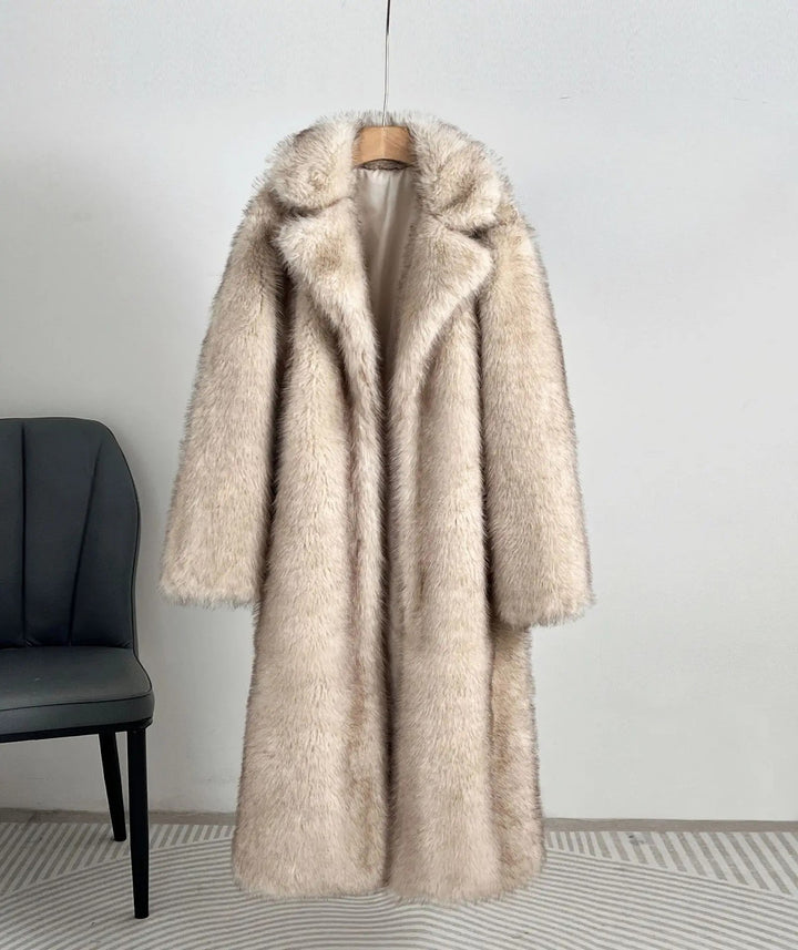 Langer Kunstfell-Mantel mit Revers für Damen
