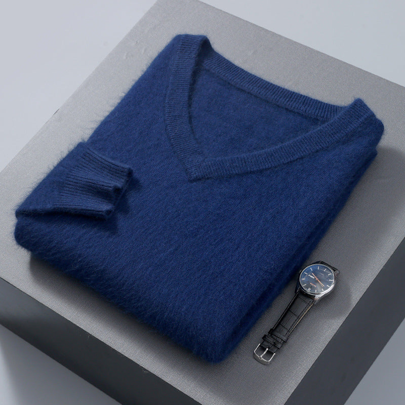 Herren-Wollpullover, V-Ausschnitt, locker, unifarben
