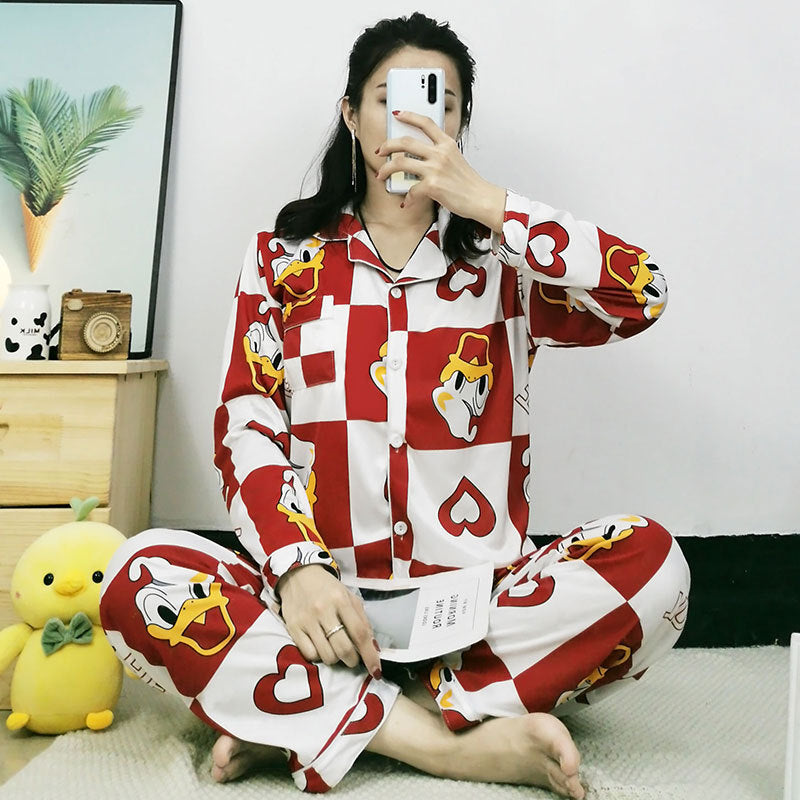 Damen-Pyjama-Set, langärmelig, geknöpft, verspieltes Design
