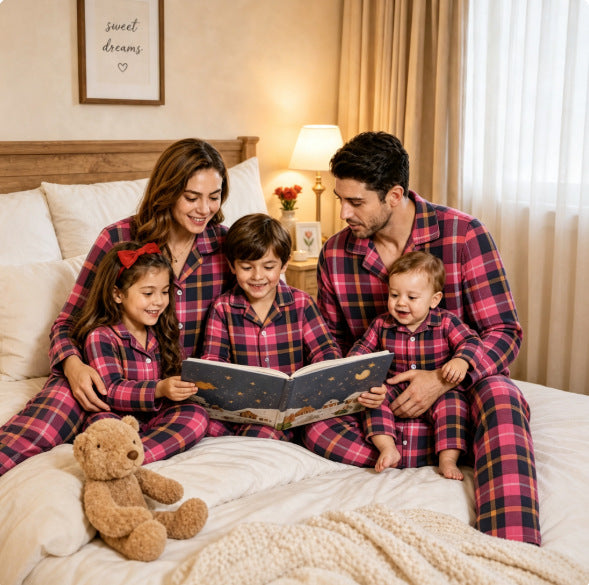 Familien-Schlafanzug-Set, kariert, Langarm, mit Revers