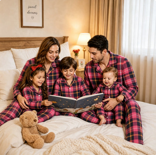 Familien-Schlafanzug-Set, kariert, Langarm, mit Revers