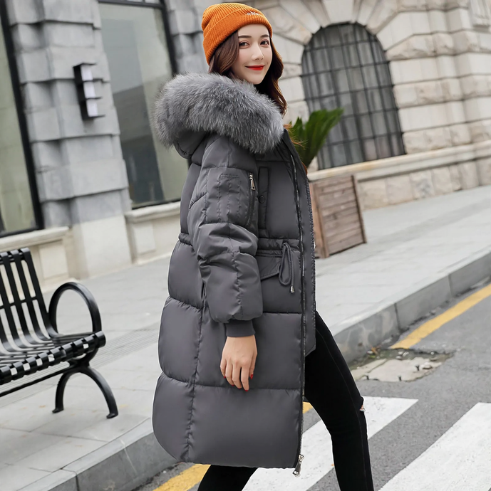 Gefütterte Damen-Winterjacke, mittellang, mit Fellkragen