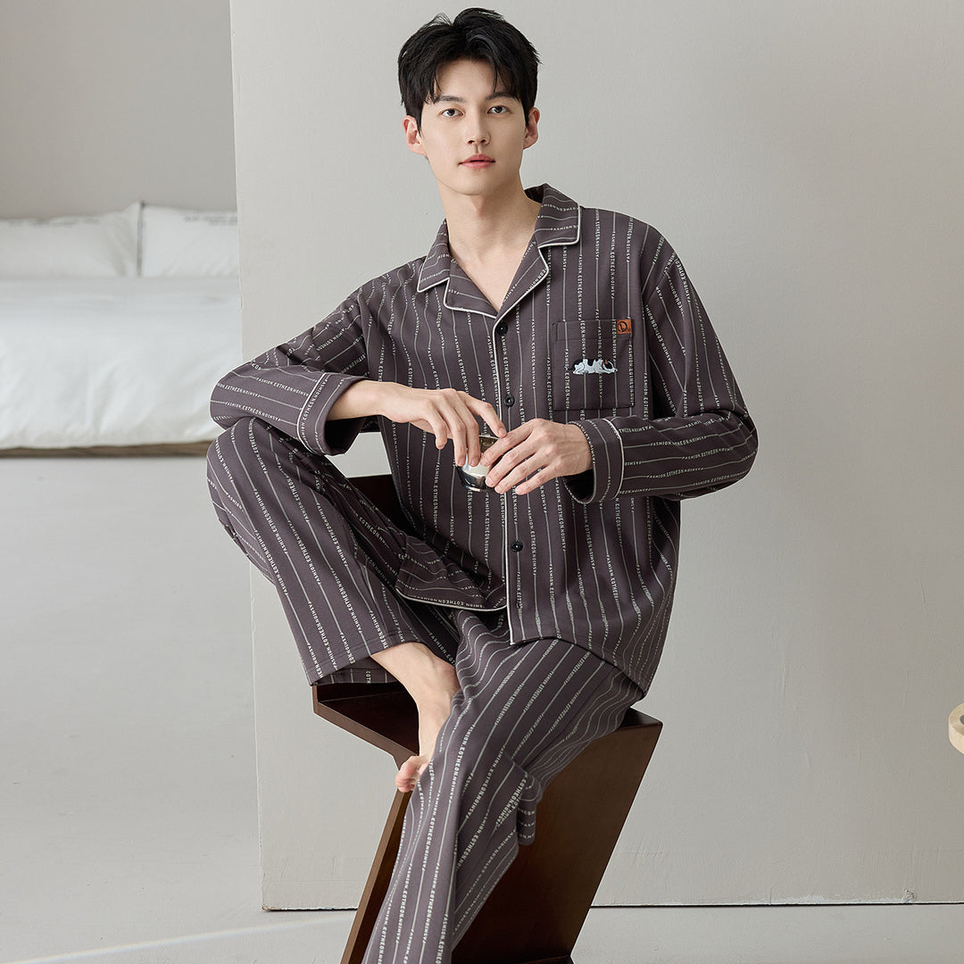 Herren-Pyjama-Set, Baumwolle, gestreift/kariert, Langarm