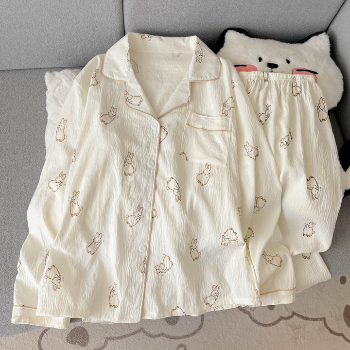 Damen-Pyjama-Set, langärmelig, mit Knopfleiste, Cartoon-Stil