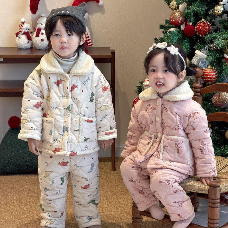 Gefüttertes Kinder-Pyjama-Set, 3-lagig, warm für den Winter