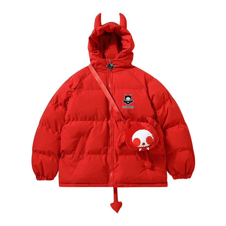 Oversize Damen-Steppjacke mit Kapuze und Cartoon-Motiv