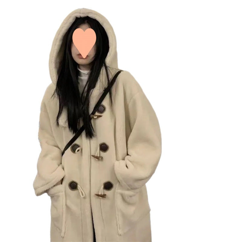 Lammfleece-Mantel, lang, mit Knebelknöpfen und Kapuze