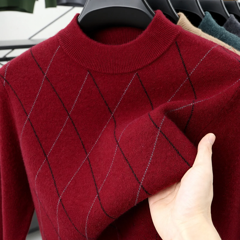 Herren-Wollpullover, kariert, Stehkragen, extra warm