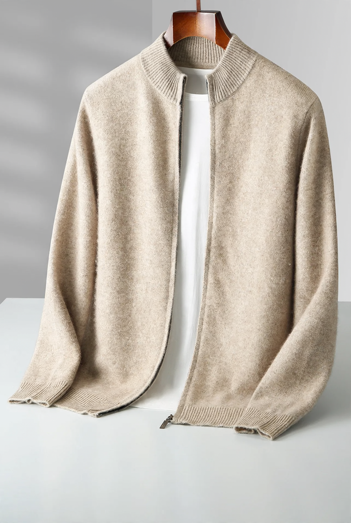 Herren-Strickjacke aus reiner Wolle, Stehkragen, 500g